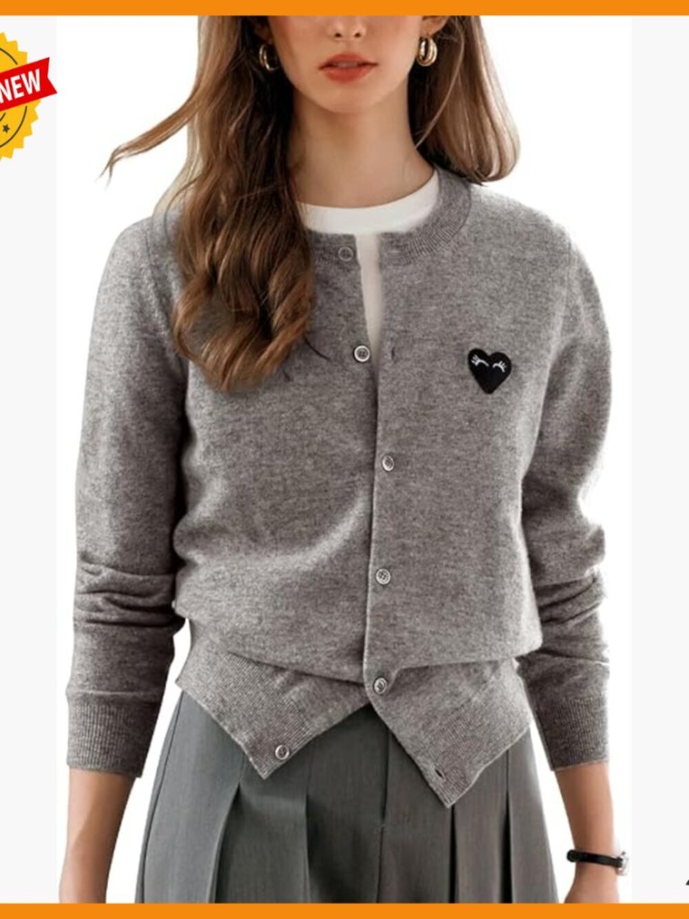 Cropped Crew Neck Cardigan, Heart Patch, Lightweight Sweater, Button Up